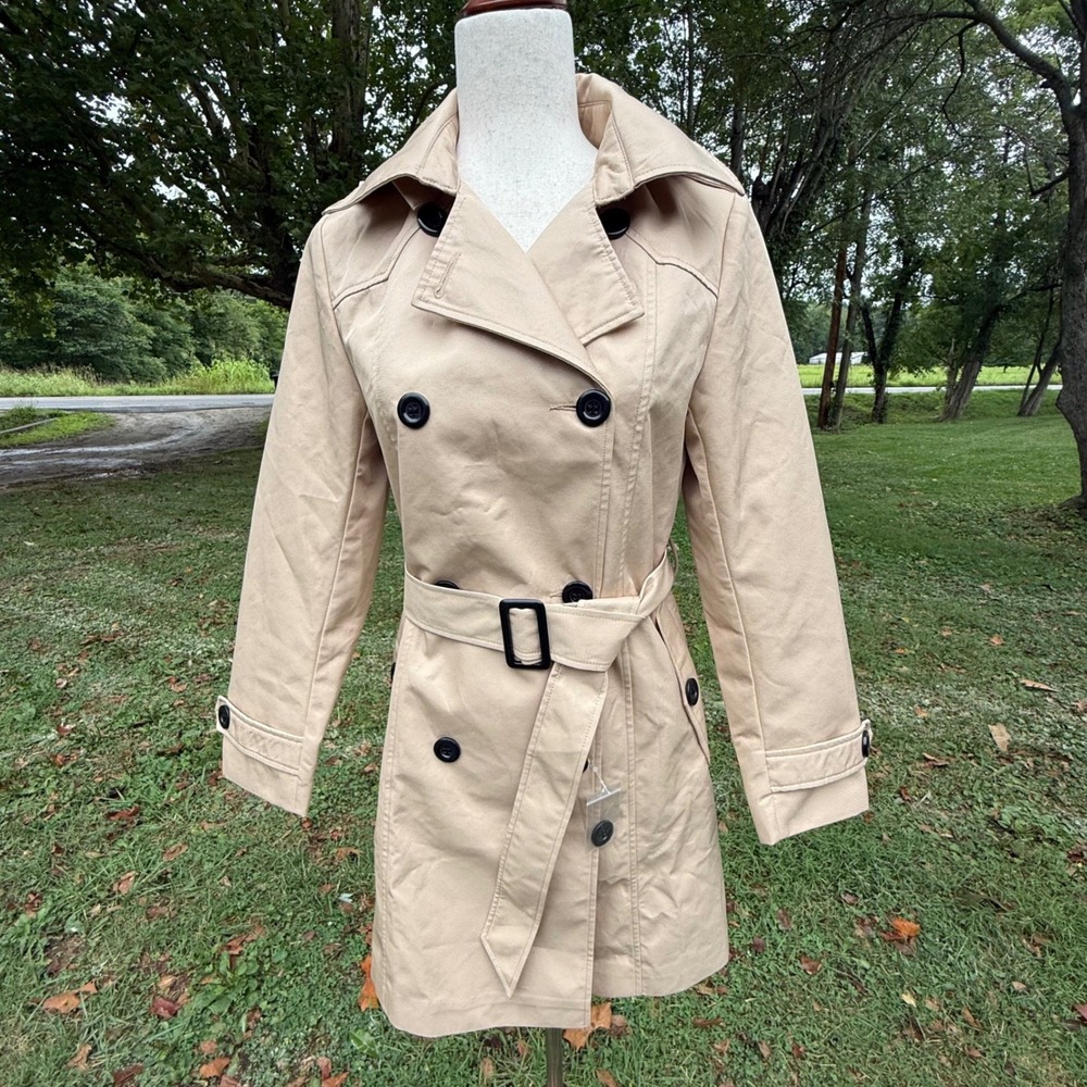 Womens Khaki Double Breasted Hooded Classic Trench Coat Belted Tan XS New Preppy